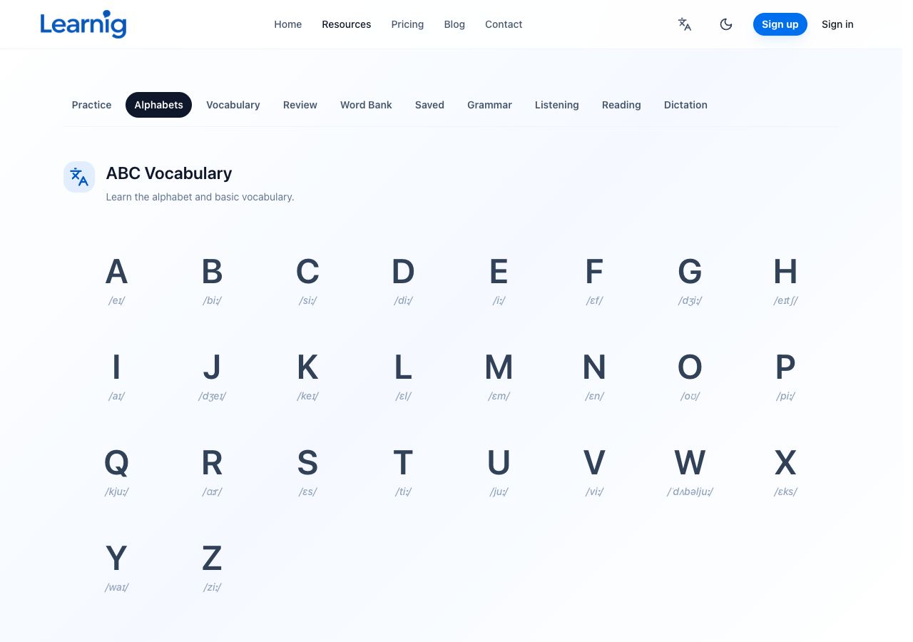 The Alphabets page with letters A to Z and their IPA