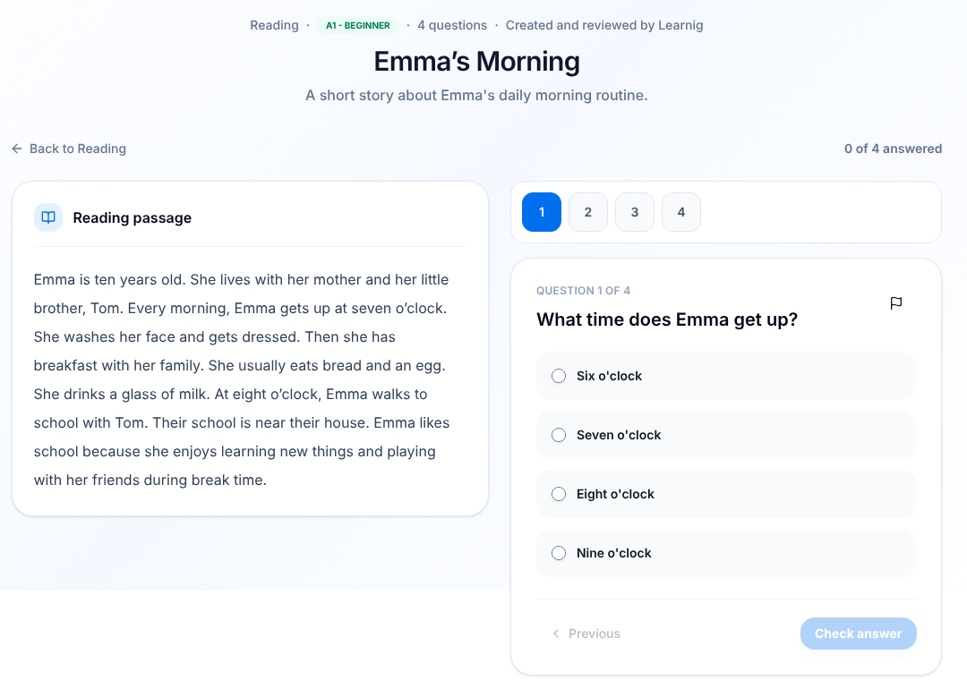 Emma's Morning with the passage on the left and question 1 on the right