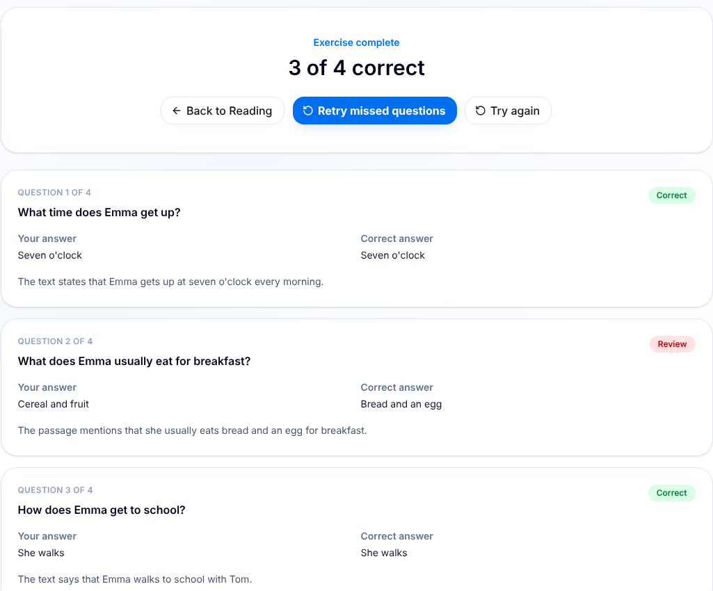 Exercise complete with the score and the question review
