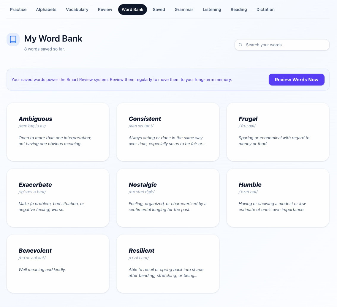 My Word Bank with saved words and search