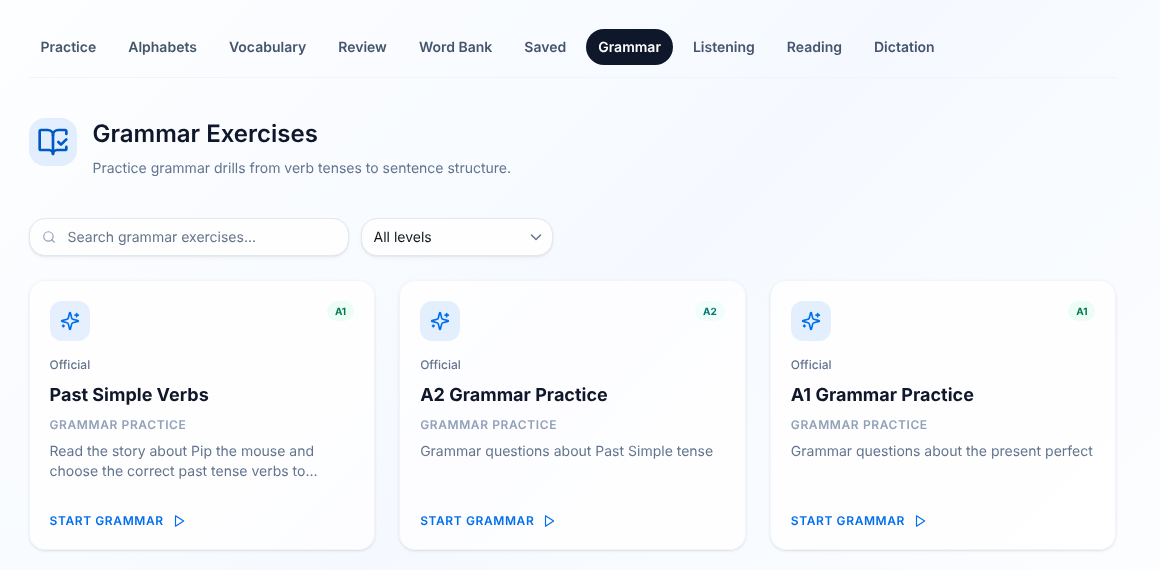 Grammar Exercises library with level badges and Start Grammar links