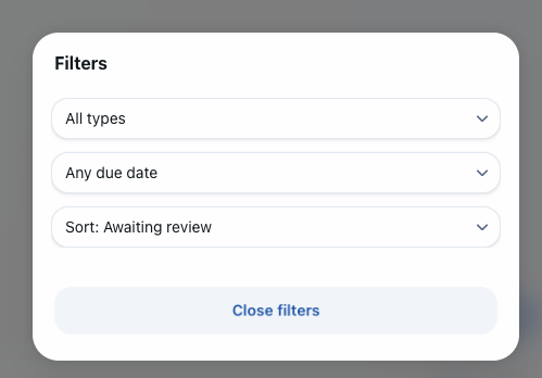 Assignment filters for type, due date, and Awaiting review sort order