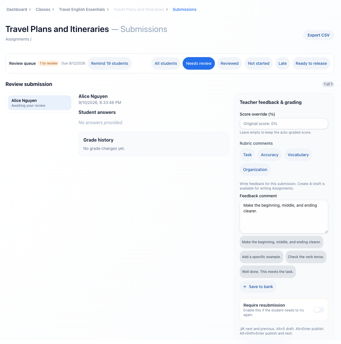 Assignment submission workspace with review queue, student filters, answers, and teacher feedback controls